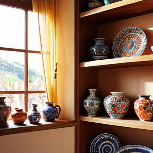 Home 4 **Image Prompt:** A brightly lit, airy room showcasing a collection of traditional Spanish ceramics displayed on wooden shelves. Some pieces are placed on felt pads. Soft, filtered light streams in through a window with sheer curtains. Focus on highlighting the intricate details and vibrant colors of the pottery.