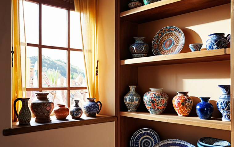 **Image Prompt:** A brightly lit, airy room showcasing a collection of traditional Spanish ceramics displayed on wooden shelves. Some pieces are placed on felt pads. Soft, filtered light streams in through a window with sheer curtains. Focus on highlighting the intricate details and vibrant colors of the pottery.