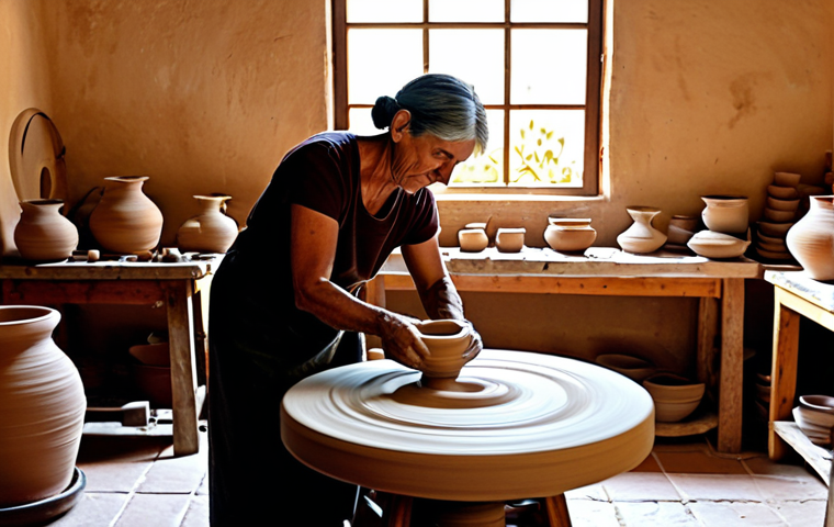 **

"A skilled artisan in a pottery studio in Andalusia, Spain, fully clothed, demonstrating the traditional techniques of shaping clay on a spinning wheel. The studio is filled with finished ceramic pieces in warm, earthy tones, reflecting the region's aesthetic. Sunlight streams through a window, illuminating the artisan's focused expression. Safe for work, appropriate content, professional setting, perfect anatomy, natural proportions, family-friendly."

**