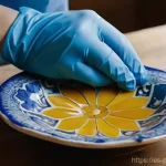 도자기 복원 및 수리법 - A close-up, highly detailed shot of a skilled restorer's hands, wearing clean latex gloves, carefull...