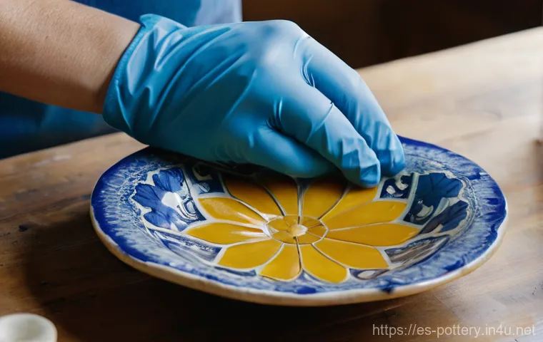 도자기 복원 및 수리법 - A close-up, highly detailed shot of a skilled restorer's hands, wearing clean latex gloves, carefull...