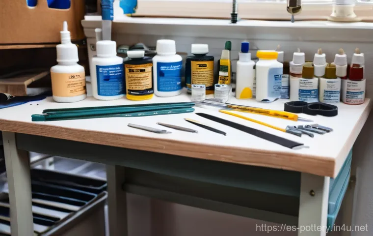 도자기 복원 및 수리법 - A close-up, highly detailed shot of a skilled restorer's hands, wearing clean latex gloves, carefull...