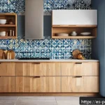 도자기 활용 홈스타일링 아이디어 - A modern kitchen interior featuring a decorative ceramic tile wall with vibrant geometric patterns i...