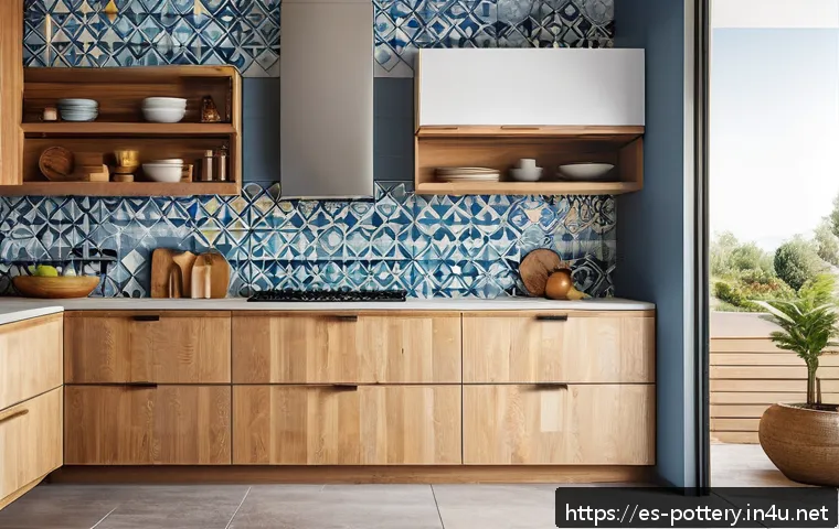 도자기 활용 홈스타일링 아이디어 - A modern kitchen interior featuring a decorative ceramic tile wall with vibrant geometric patterns i...