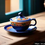 도자기와 차 문화의 관계 - A serene tea ritual scene featuring a handcrafted Talavera ceramic cup from Spain, vividly painted w...