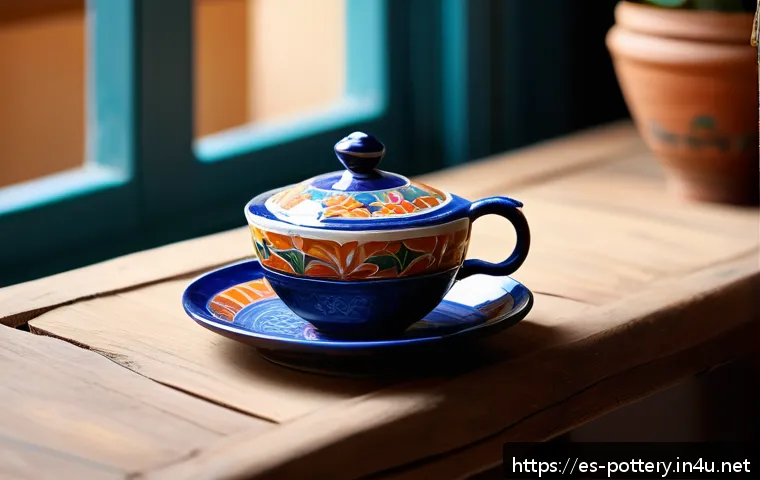 도자기와 차 문화의 관계 - A serene tea ritual scene featuring a handcrafted Talavera ceramic cup from Spain, vividly painted w...