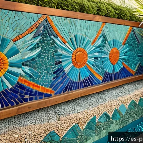 도자기 조각 기법 - A vibrant handcrafted mosaic mural on a garden wall, featuring colorful broken ceramic fragments arr...