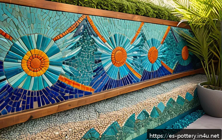 도자기 조각 기법 - A vibrant handcrafted mosaic mural on a garden wall, featuring colorful broken ceramic fragments arr...