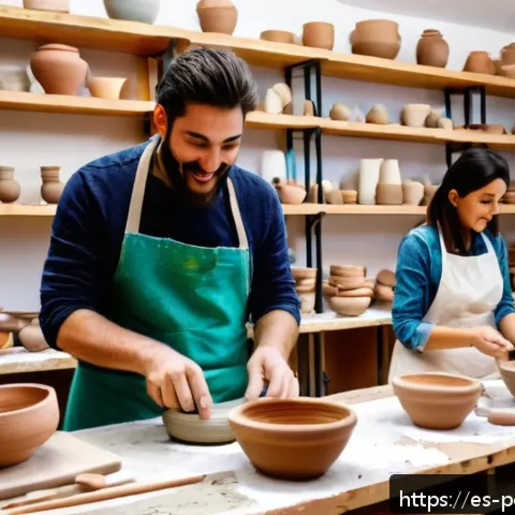 도자기 수강 후기 및 추천 학원 - A warm, inviting pottery workshop in a sunny Madrid studio filled with natural light, featuring dive...