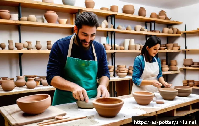 도자기 수강 후기 및 추천 학원 - A warm, inviting pottery workshop in a sunny Madrid studio filled with natural light, featuring dive...