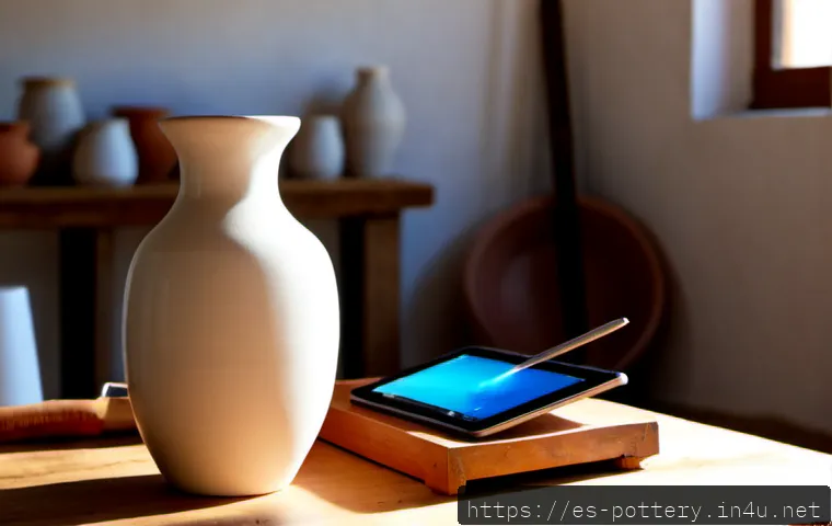 도자기와 스마트 기술 융합 - Photorealistic artisan ceramic workshop in Spain, a smooth white ceramic vase on a wooden workbench ...